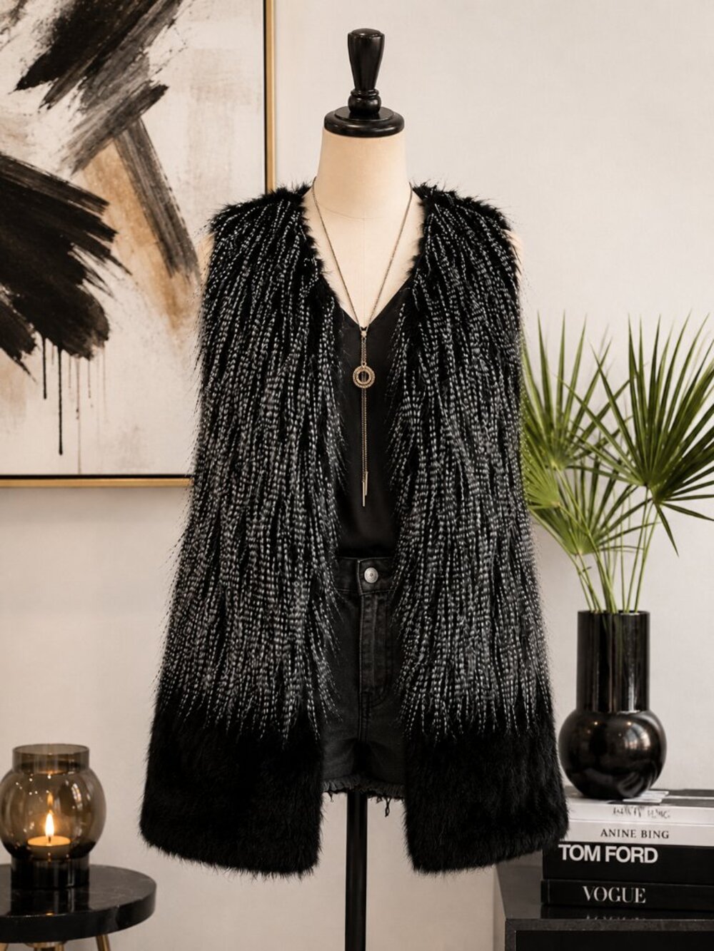 Nostalgia Brand Black Gray Shaggy Faux Fur Vest, Boho Luxe Longline Statement - Picture 4 of 6